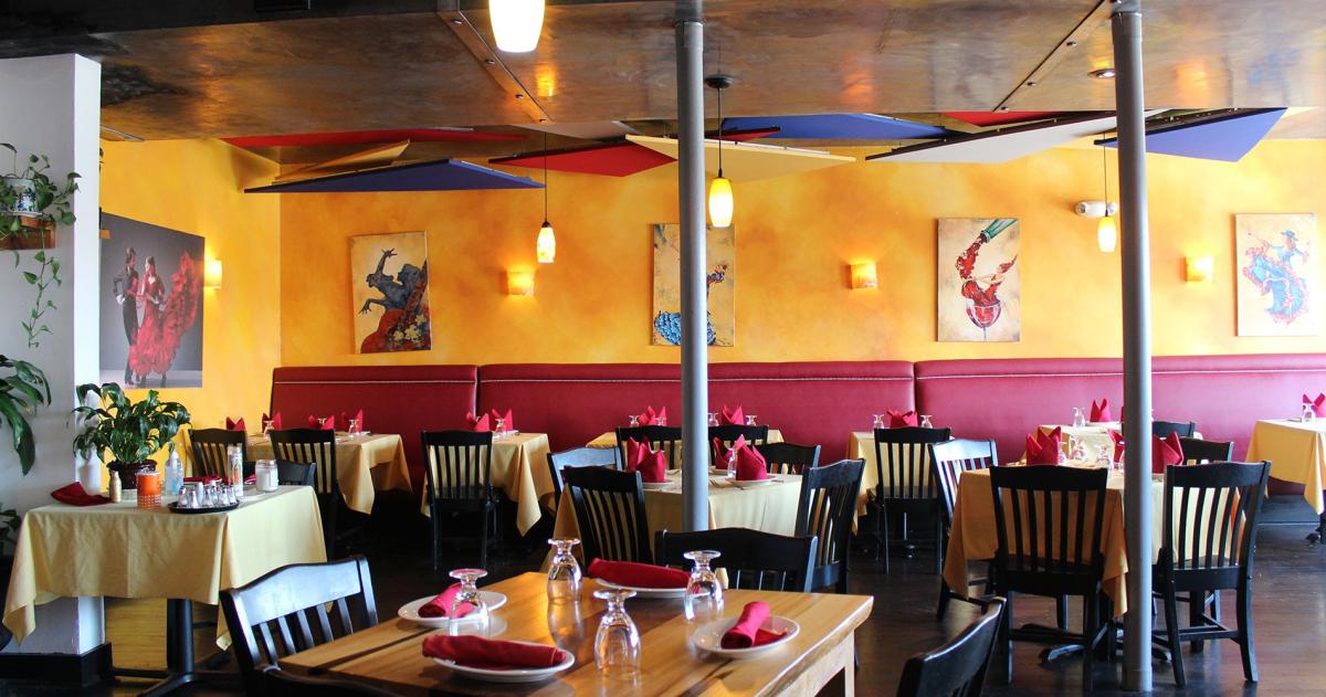 Tapas & other Spanish cuisine paired with wines in a boldly colored space with a patio