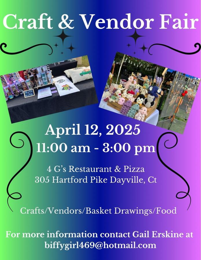 Shop unique handmade crafts, enjoy local food, and participate in basket drawings at the Craft & Vendor Fair in Dayville, CT on April 12, 2025. Fun for all ages!