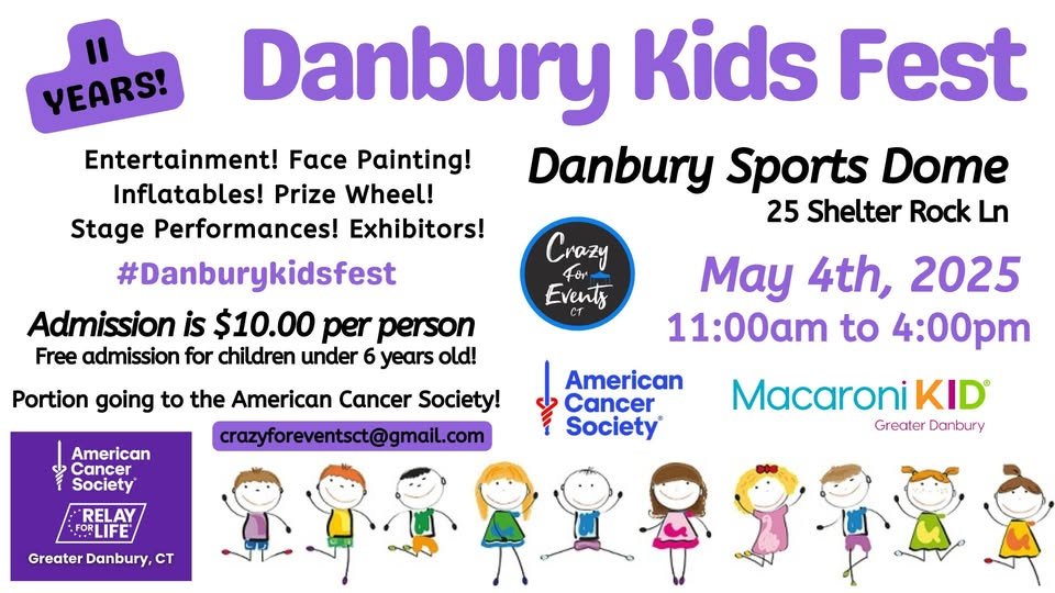 Join us for Danbury Kids Fest 2025 at the Danbury Sports Dome! Family fun, inflatable games, balloon twisting, stage performances, and more. A portion of proceeds benefits the American Cancer Society.