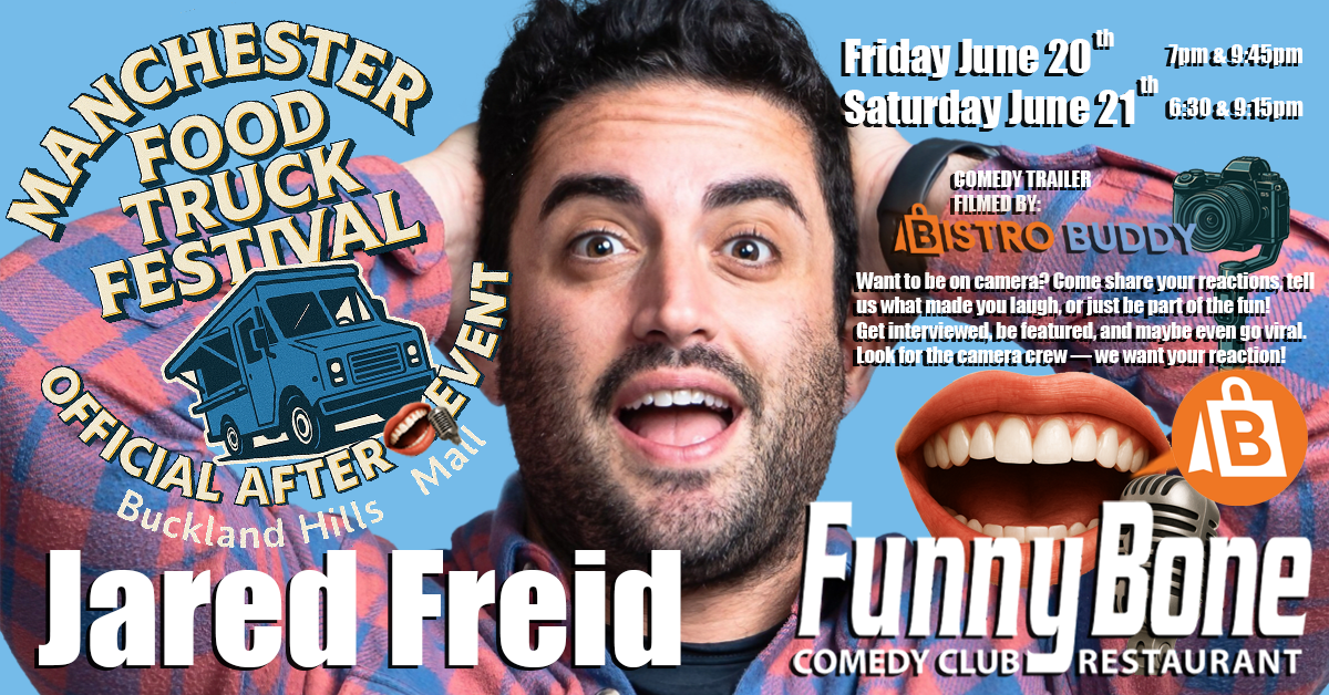 Kick off your weekend with Netflix star Jared Freid live on June 20 at Funny Bone Comedy Club in Manchester CT – the official Friday After Comedy Event for Manchester Food Truck Festival. Alias: