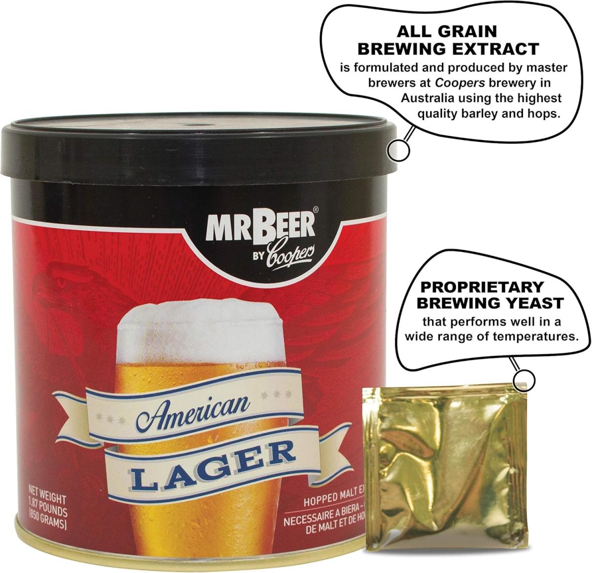 Brew your own crisp, refreshing lager with the Mr. Beer American Lager Beer Refill Kit. This 2-gallon kit includes brewing extract and yeast for a smooth, golden lager. homebrewing refill, Mr. Beer, American Lager, 2-gallon brewing refill, lager brewing k